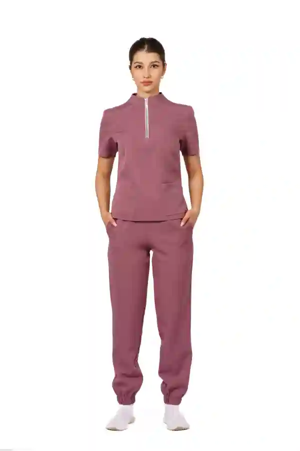 Uniforma medicala dama, bluza cu fermoar-pantaloni, roz inchis