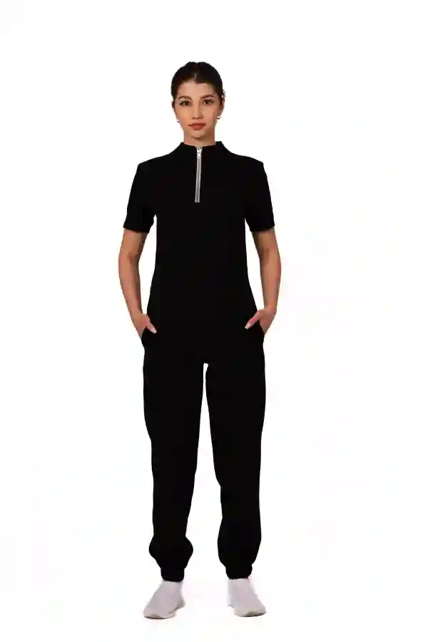 Uniforma medicala dama, bluza cu fermoar-pantaloni jogger, negru